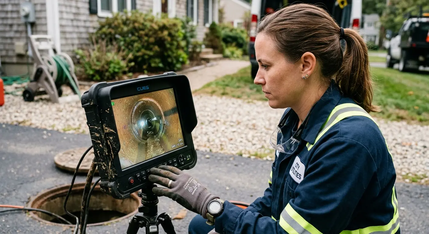 Technician reviewing sewer camera inspection footage in Scaggsville