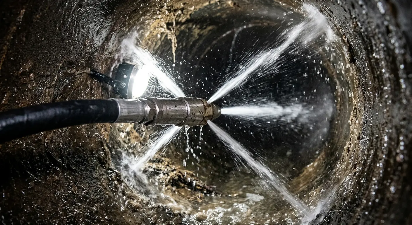 High-pressure hydro jetting nozzle cleaning sewer pipe for Sewer Cleanout in Scaggsville