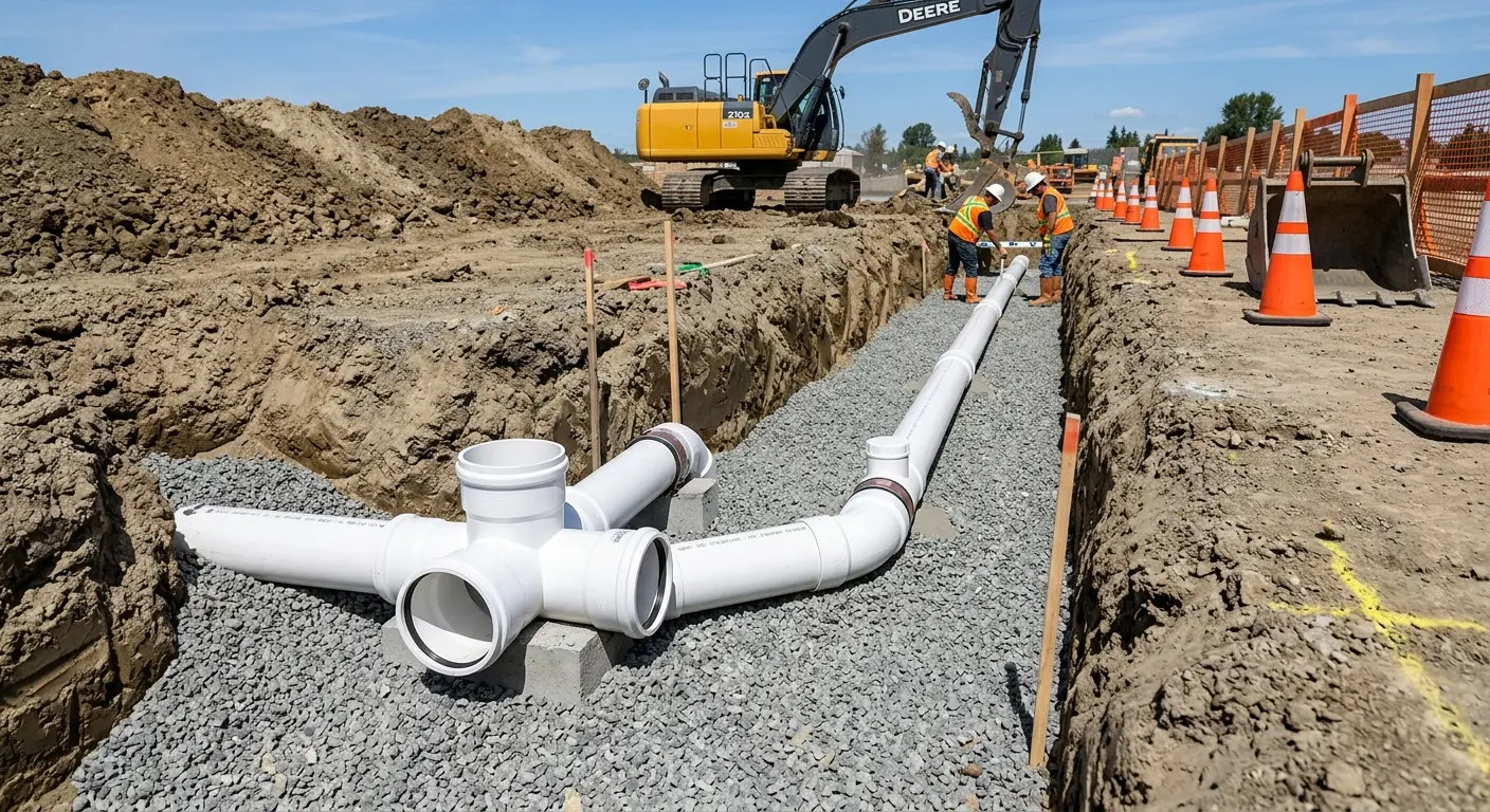 New PVC sewer pipe installation in open trench for Commercial Drain Cleaning in Scaggsville