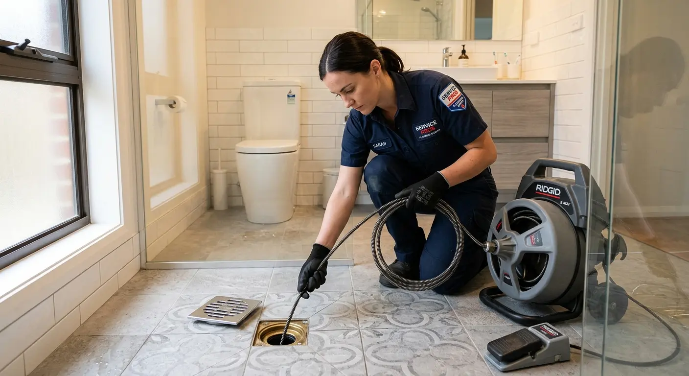 Technician clearing a bathroom floor drain for Hydro Jetting in Scaggsville